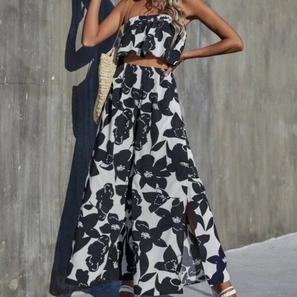 Boho Floral sleeveless Tube Top And Pants Set cottagecore Black White - Picture 6 of 8